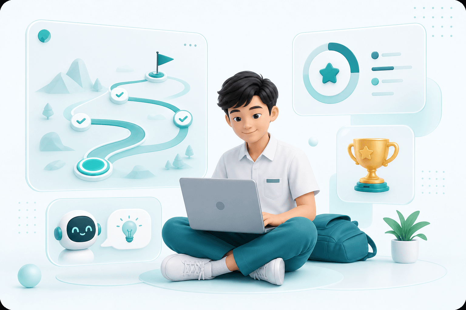 Siswa belajar dengan jalur topik adaptif, progres EXP, dan AI Tutor HOSAYA